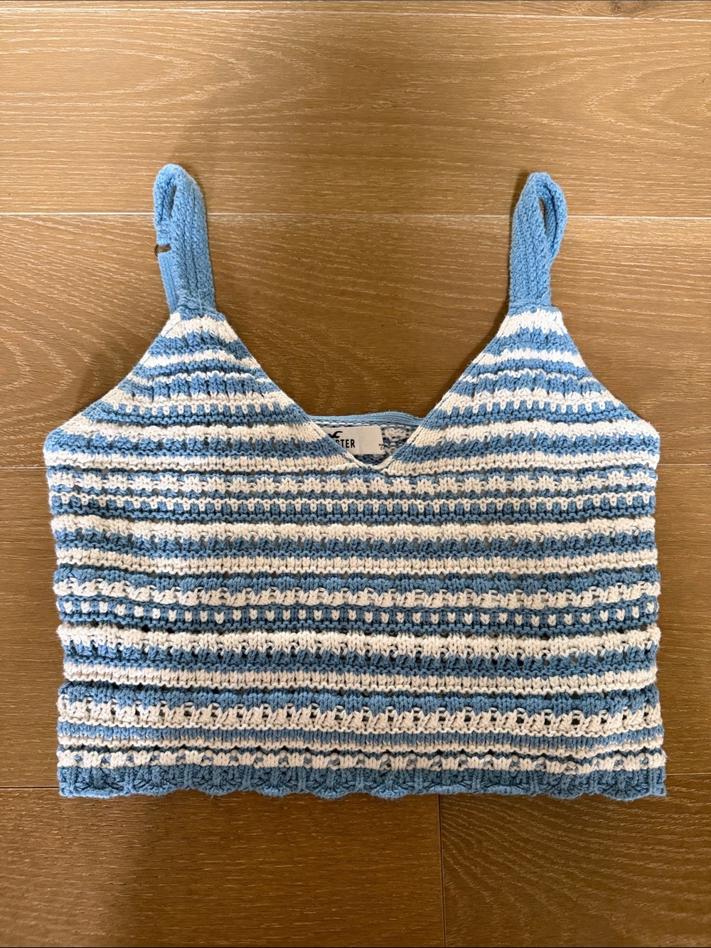 Hollister Striped Crochet Knit Blue & Cream Cropped Tank Top